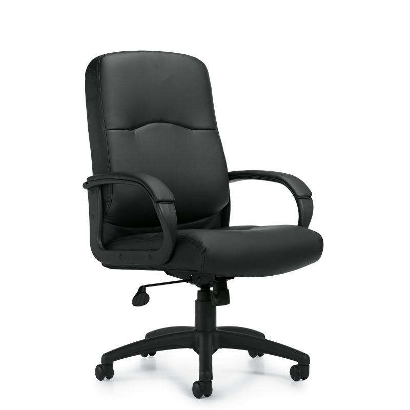 Offices to Go Black Luxhide Tilter Conference Chair with Fixed Height Molded Arms