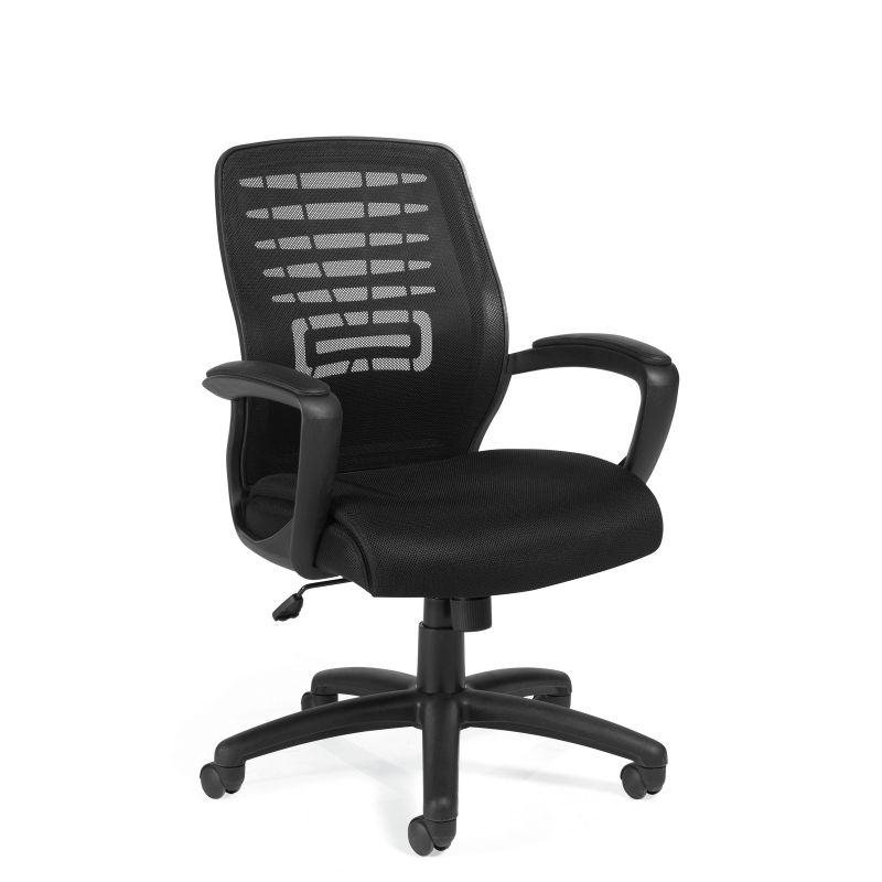 Offices to Go Black Mesh Back Tilter Conference Chair with Fixed Height Upholstered Arms