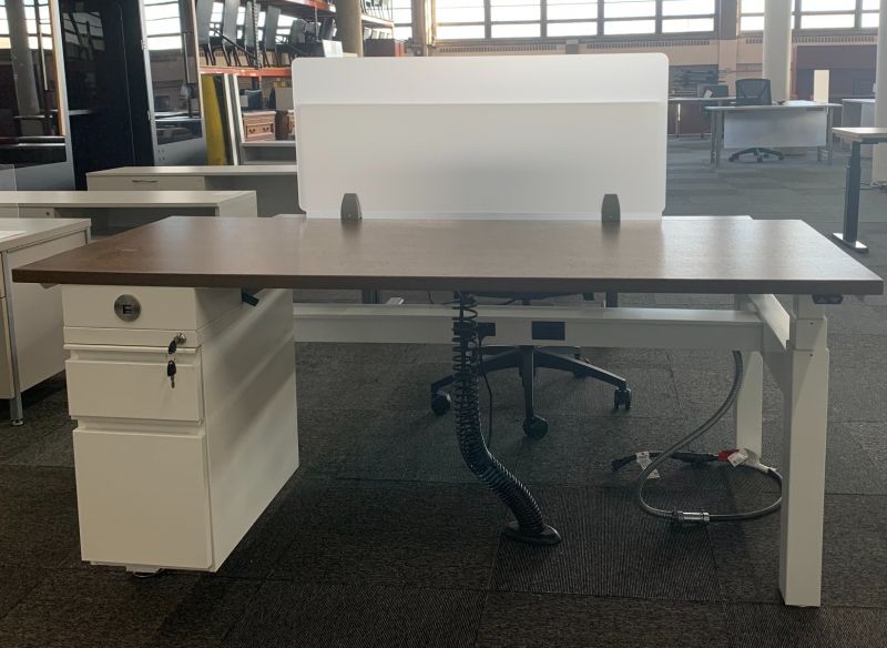 OfficeSource Dual Sit Stand Desk (Walnut Laminate)