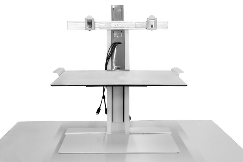 Pre-owned Humanscale freestanding workstation unit has white finish and dual-monitor arms.