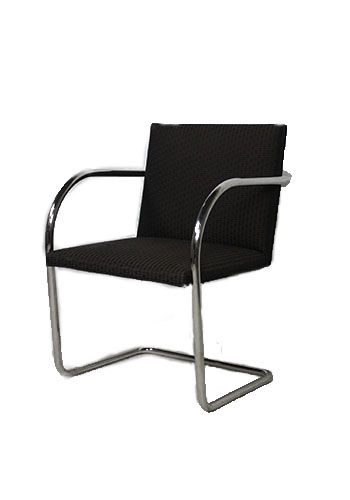 Pre-owned Brueton Brno tubular side chairs w/ chrome frame. Charcoal upholstery w/ maroon/tan/olive patterned overlay.