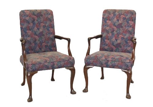 Pair of Vintage Queen Anne armchair, w/ walnut frame, cabriole legs, and red/violet floral upholstery.