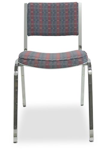 Pre-owned Steelcase banquet stack chair has green, blue and purple checker-patterned upholstery and a chrome frame. Armless.